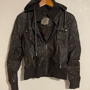 Women's Black Hooded Faux Leather Bomber Jacket